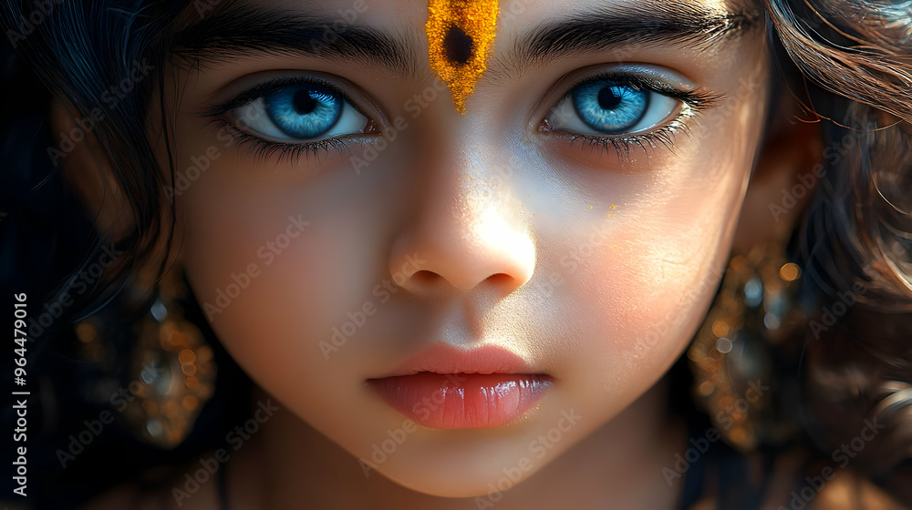 A close-up portrait of a child with striking blue eyes and traditional adornments. A close-up portrait of a child with striking blue eyes and traditional adornments.