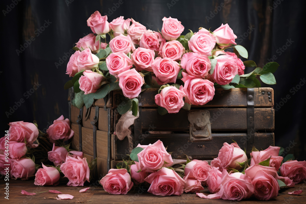 generated illustration of beautiful bouquet of pink roses on top of gift box generated illustration of beautiful bouquet of pink roses on top of gift box