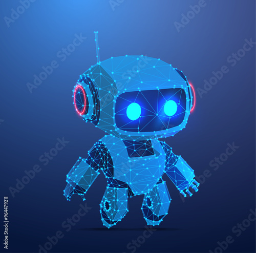 ector illustration of a futuristic robot made of glowing digital grid lines. The design emphasizes technology, AI, and innovation with a neon blue and red color scheme