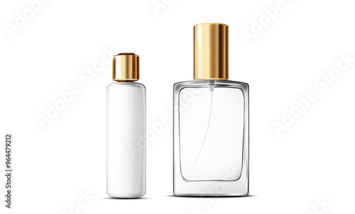 3D illustrations of glass bottles with golden caps, ideal for perfume and cosmetic products. These elegant and modern containers symbolize luxury and style, making them perfect for showcasing beauty.