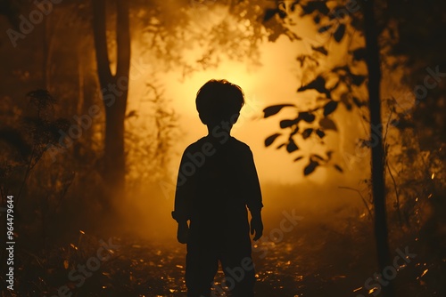 Silhouette of a Child in a Foggy Forest