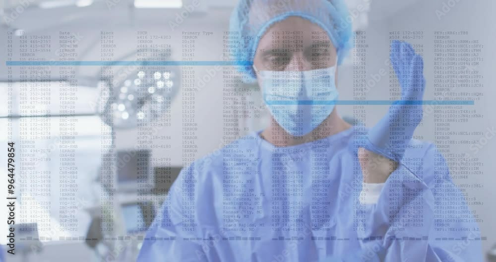 Animation of data processing over caucasian male surgeon with face mask Animation of data processing over caucasian male surgeon with face mask