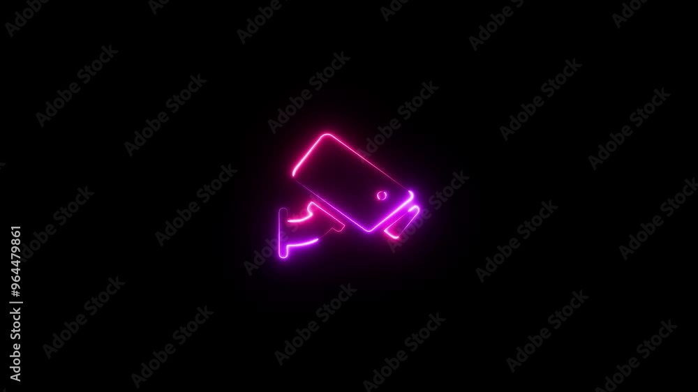 Neon glowing neon color camera video icon on black background animation. Neon glowing neon color camera video icon on black background animation.