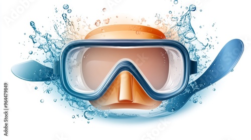 Vibrant snorkeling gear featuring a mask and fins, surrounded by splashes of water, perfect for underwater adventure imagery. photo