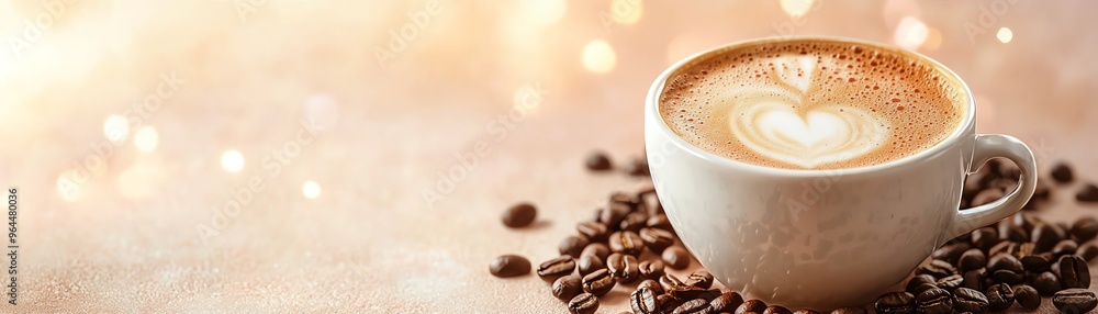 Obraz premium A warm cup of coffee on a bed of roasted beans, perfect for cozy mornings and delightful coffee moments.