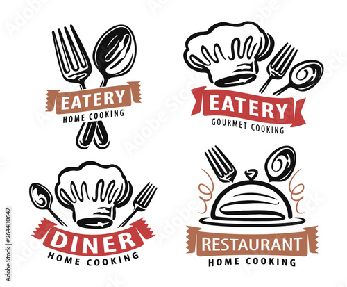 Diner, eatery logo. Food service emblem. Set of badges and symbols for restaurant or cafe menu