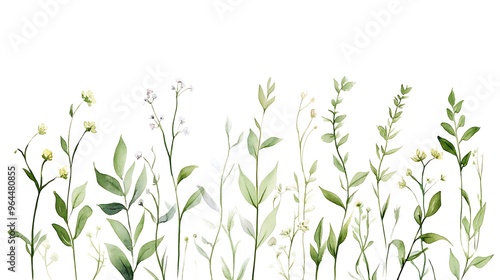 Wallpaper Mural Minimalist watercolor botanical illustration featuring delicate green leaves and wildflowers on a clean, white background. Torontodigital.ca