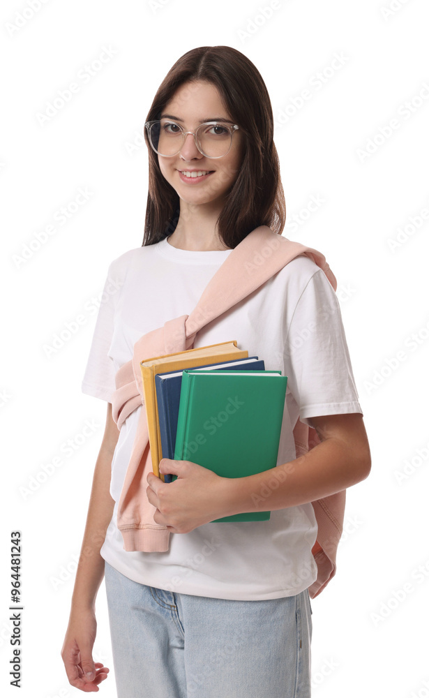 Portrait of smiling teenage girl with books on white background Portrait of smiling teenage girl with books on white background