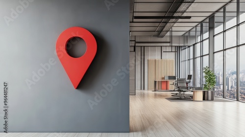Red Pin on Grey Wall with Office Background