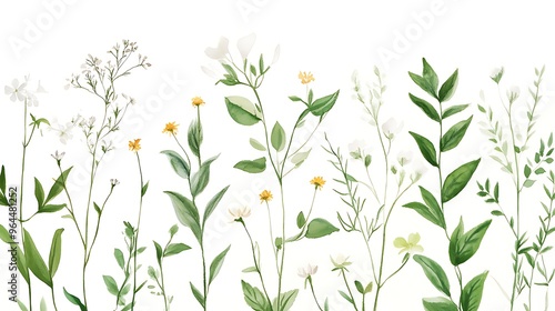 Wallpaper Mural Minimalist watercolor botanical illustration featuring delicate green leaves and wildflowers on a clean, white background. Torontodigital.ca