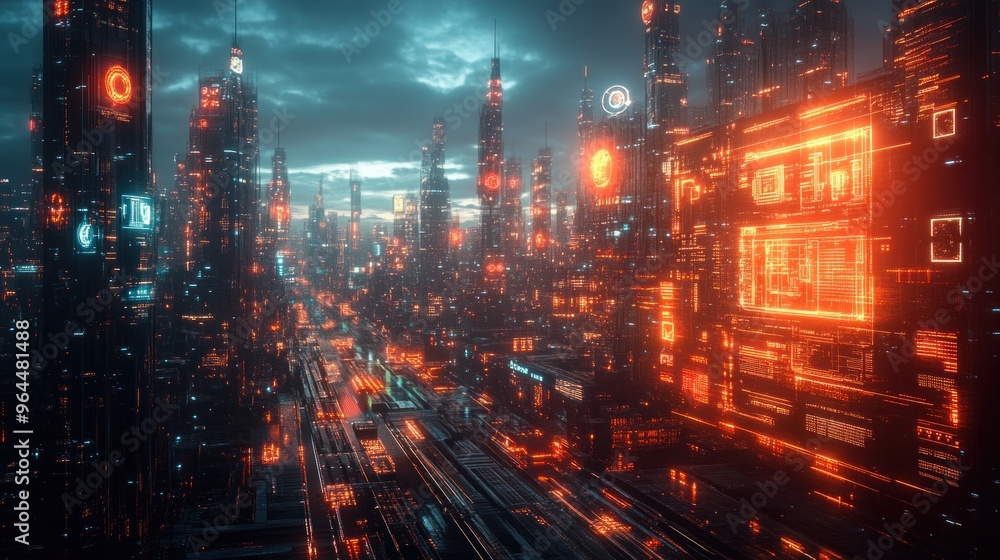 Futuristic cityscape with glowing neon lights and digital displays. Futuristic cityscape with glowing neon lights and digital displays.