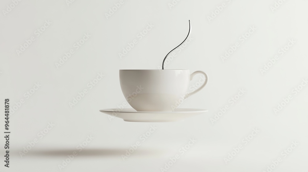 A coffee cup, saucer, and spoon are floating in mid-air against a white backdrop. A coffee cup, saucer, and spoon are floating in mid-air against a white backdrop.