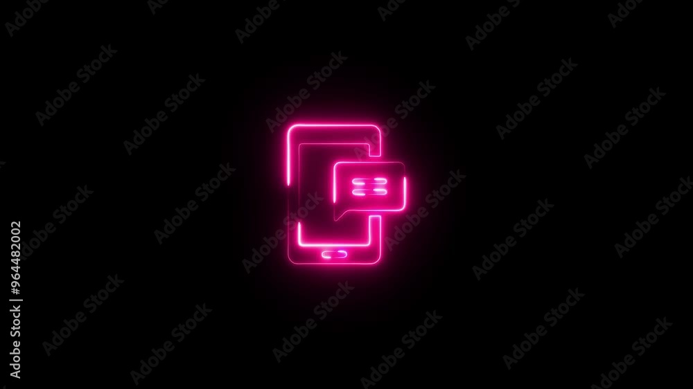 Neon outline of a smartphone with a chat bubble icon animated on a dark background. Neon outline of a smartphone with a chat bubble icon animated on a dark background.