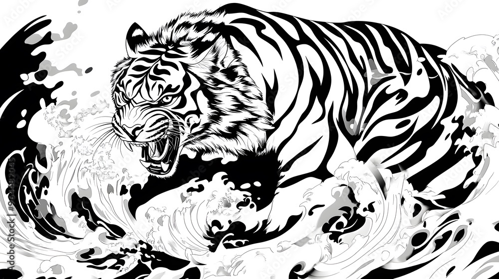 Obraz premium Chinese Zodiac Tiger in Black and White: A fierce tiger, illustrated in a bold black and white style, with sharp lines and dynamic poses capturing its agility and courage.