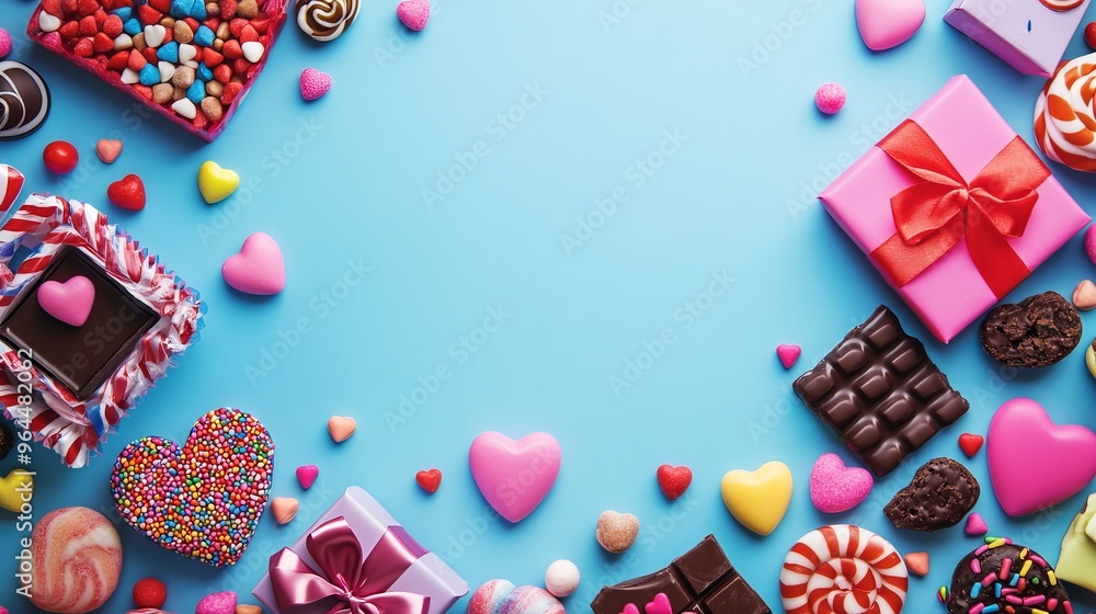 A colorful background with candy, gift boxes with bows, and chocolate hearts. There's room for text and a photo on top. A colorful background with candy, gift boxes with bows, and chocolate hearts. There's room for text and a photo on top.