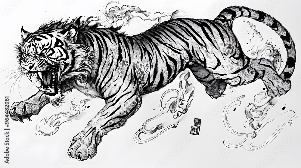 Chinese Zodiac Tiger in Black and White: A fierce tiger, illustrated in a bold black and white style, with sharp lines and dynamic poses capturing its agility and courage.
Chinese Zodiac Tiger in Black and White: A fierce tiger, illustrated in a bold black and white style, with sharp lines and dynamic poses capturing its agility and courage.