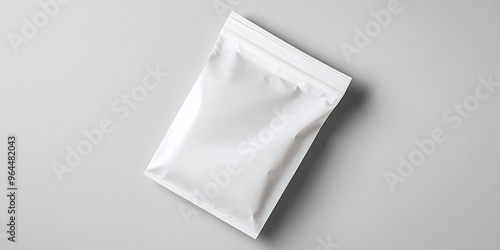 A white paper pouch with a zipper seal, laying flat on a simple grey background, with realistic texture