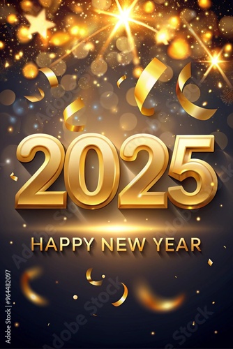 2025 Happy New Year banner with falling confetti  photo