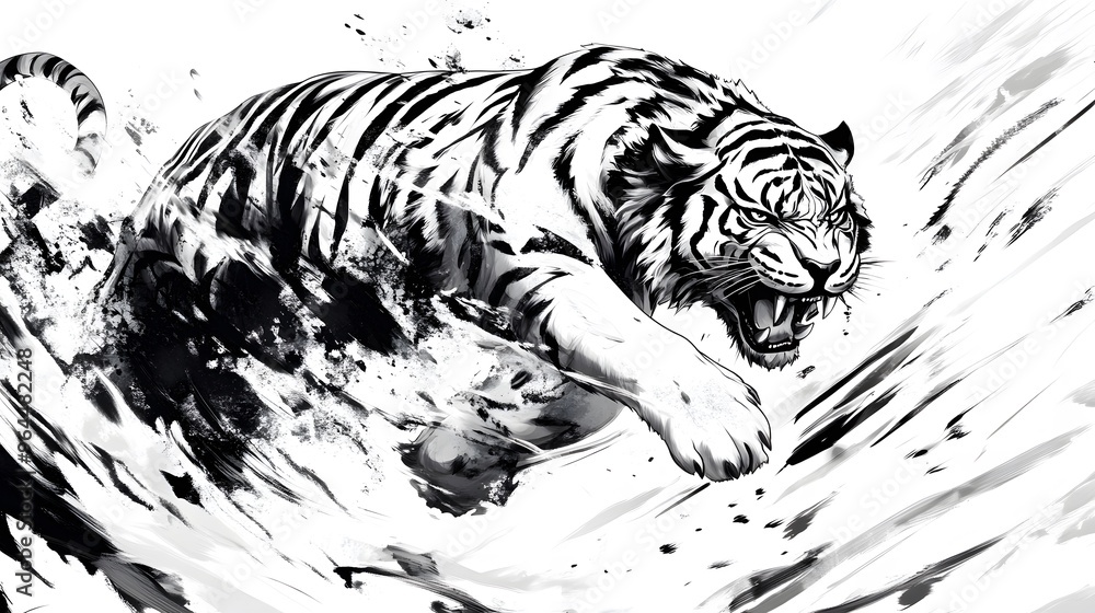 Chinese Zodiac Tiger in Black and White: A fierce tiger, illustrated in a bold black and white style, with sharp lines and dynamic poses capturing its agility and courage.
Chinese Zodiac Tiger in Black and White: A fierce tiger, illustrated in a bold black and white style, with sharp lines and dynamic poses capturing its agility and courage.