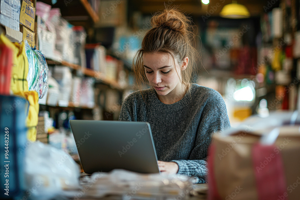 A young woman is sitting at a table with a laptop open in front of her A young woman is sitting at a table with a laptop open in front of her