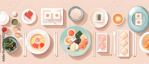 Flat vector art showing Chuseok foods like songpyeon and jeon neatly arranged on a traditional table setting. Muted pastel colors and soft shadows enhance the presentation photo