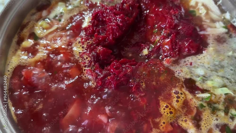 Meat broth with vegetable during cooking of borscht in pot Meat broth with vegetable during cooking of borscht in pot