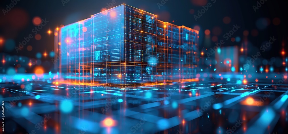 Fototapeta premium Abstract 3D rendering of a futuristic data center with glowing lights and lines, representing the concept of digital technology and data storage.
