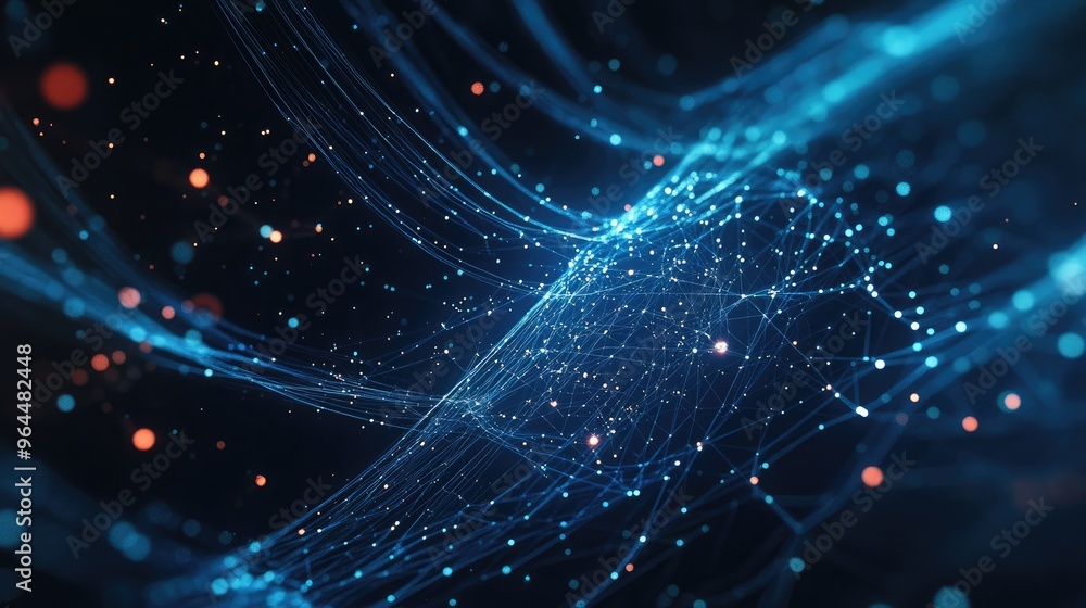 Obraz premium Abstract glowing lines and nodes representing global internet connectivity, set against a dark background with a futuristic tech feel.