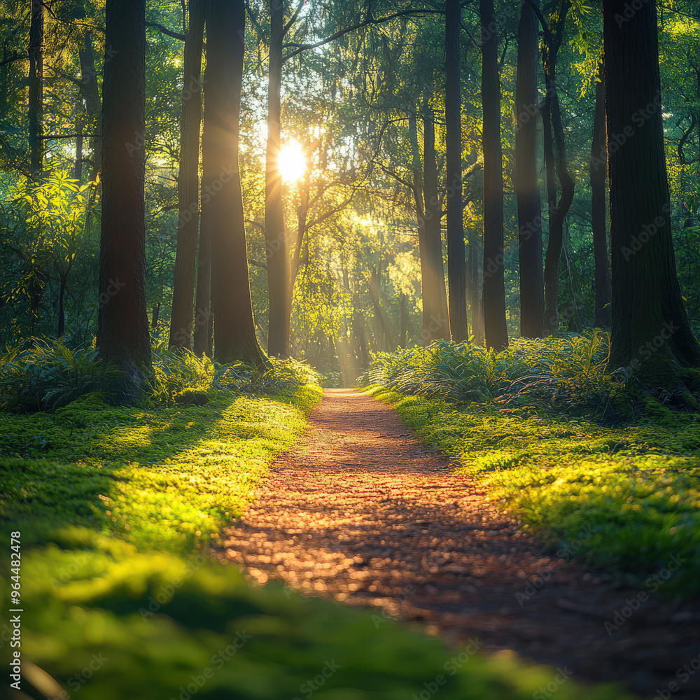 Sunbeams Through Trees on a Forest Path Sunbeams Through Trees on a Forest Path
