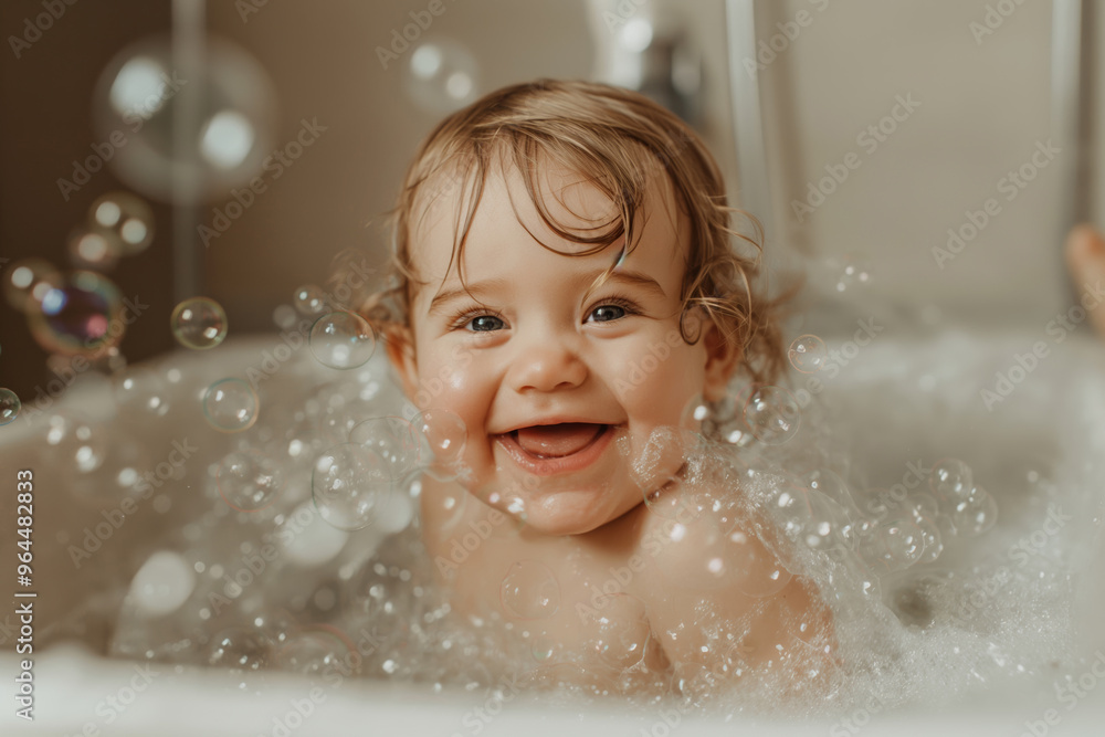 Happy baby in bubble bath. Cheerful joy on a child's face while bathing. Ideal for family, parenting, and childhood concepts in advertising and editorial projects Happy baby in bubble bath. Cheerful joy on a child's face while bathing. Ideal for family, parenting, and childhood concepts in advertising and editorial projects
