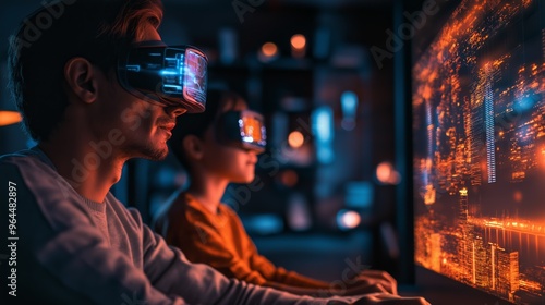 Immersive virtual reality gaming experience, two players engaging in a futuristic digital environment, showcasing cuttingedge VR headsets, ideal for technology showcases and gaming promotions photo