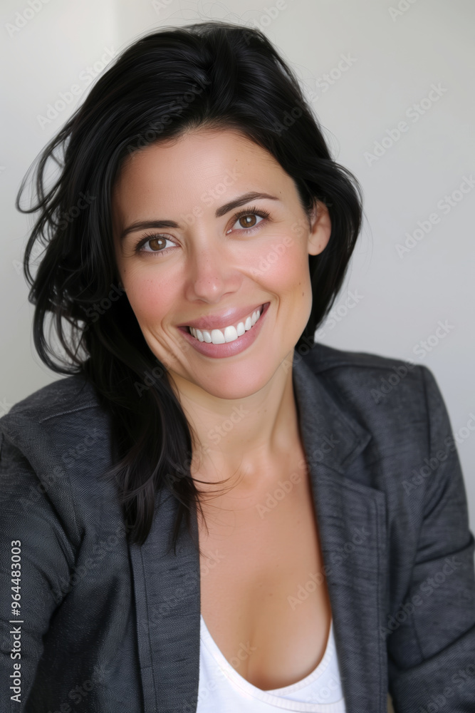 Woman with a smile on her face is wearing a black jacket and white shirt Woman with a smile on her face is wearing a black jacket and white shirt