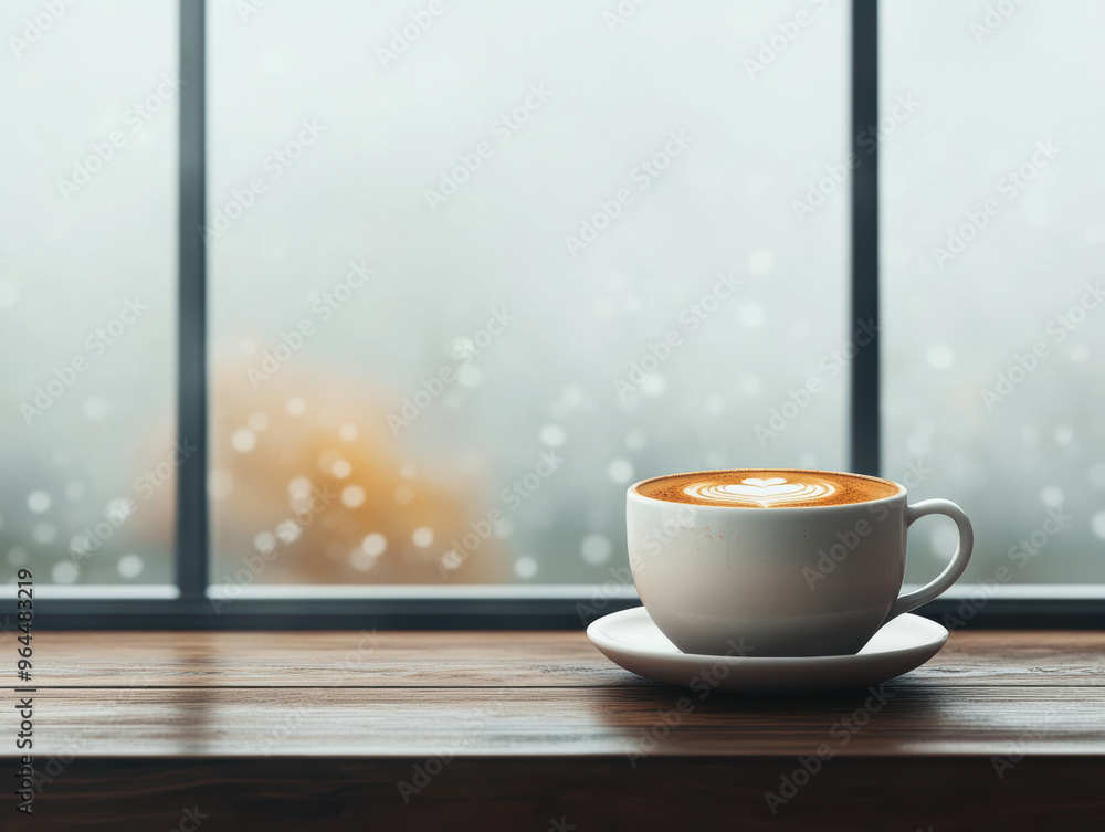 Warm pumpkin spice latte set on cafe table, with cozy atmosphere and foggy window in background. Warm pumpkin spice latte set on cafe table, with cozy atmosphere and foggy window in background.