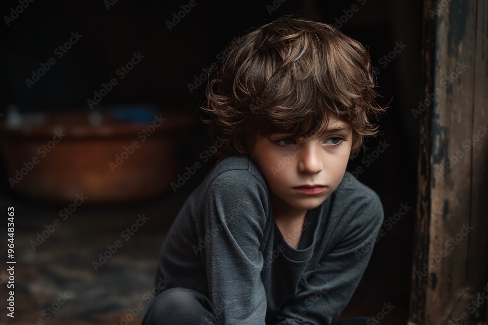 Pensive child sitting indoors looking thoughtful, ideal for emotional storytelling and mental health awareness campaigns Pensive child sitting indoors looking thoughtful, ideal for emotional storytelling and mental health awareness campaigns