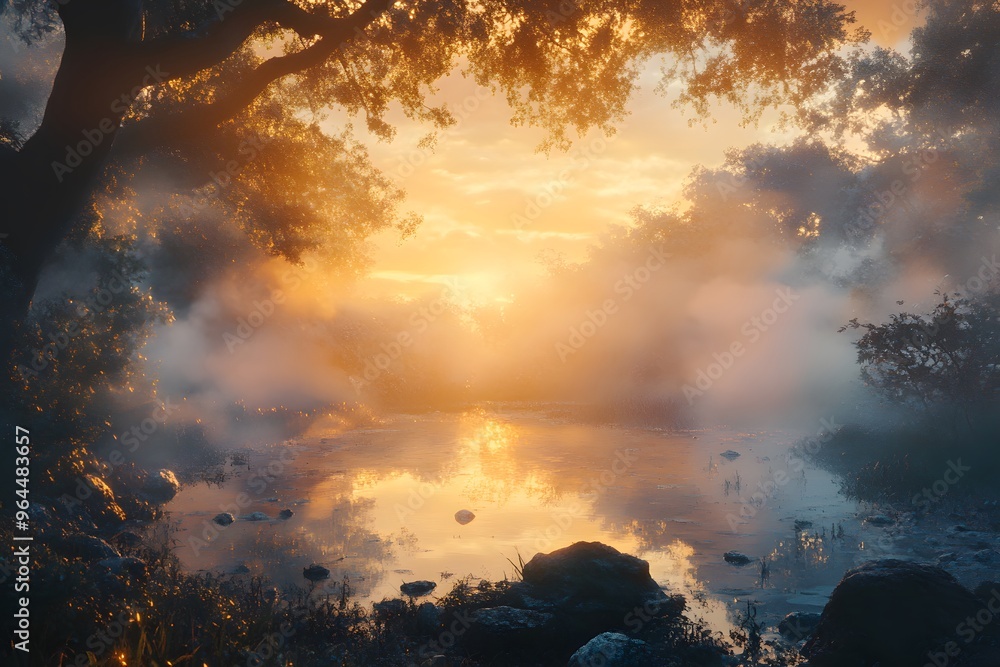 Fototapeta premium view Misty Sunrise over River