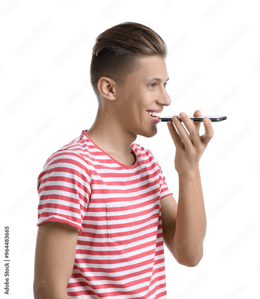 Young man recording voice message via smartphone on white background Young man recording voice message via smartphone on white background