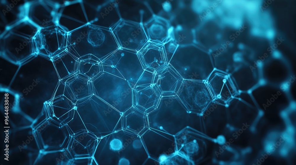 Modern hexagon pattern backdrop with highlighted areas of genetic research and molecular structure graphics Modern hexagon pattern backdrop with highlighted areas of genetic research and molecular structure graphics