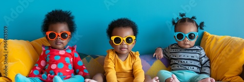 Stylish toddlers in colorful outfits and sunglasses. Adorable children sitting on a couch in bright surroundings. Perfect for promoting children's fashion and lifestyle concepts. photo