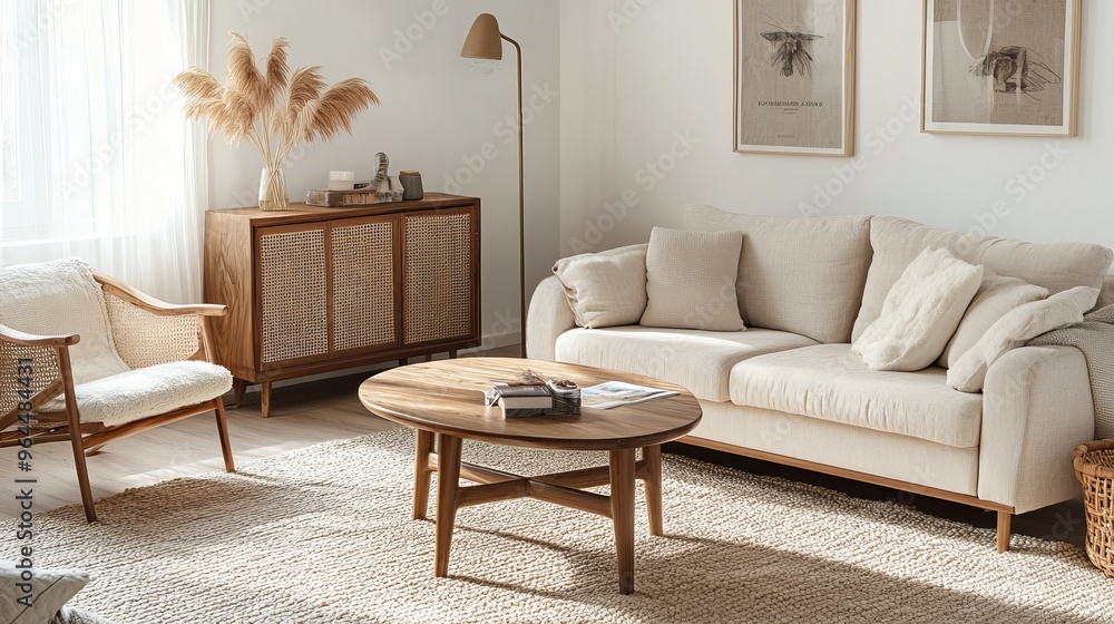 A cozy living room with a beige sofa, wooden coffee table, and a ...