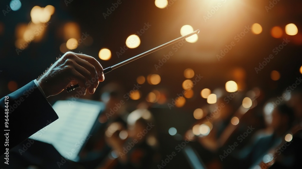 A close-up of a conductor hand holding a baton, leading an orchestra during a live performance. A close-up of a conductor hand holding a baton, leading an orchestra during a live performance.