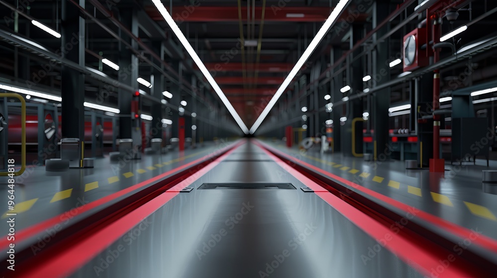 High-tech factory floor with red safety lines and modern machinery High-tech factory floor with red safety lines and modern machinery