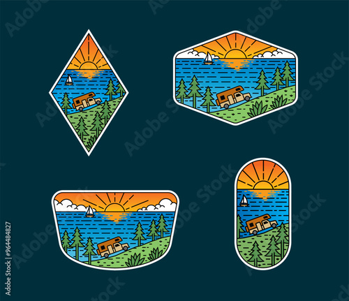 Set of vector line art outdoor designs