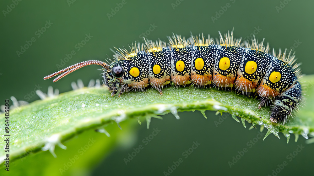 A tiny caterpillar munching on a green leaf. The close-up image shows the caterpillar's detailed features as it eats. A tiny caterpillar munching on a green leaf. The close-up image shows the caterpillar's detailed features as it eats.