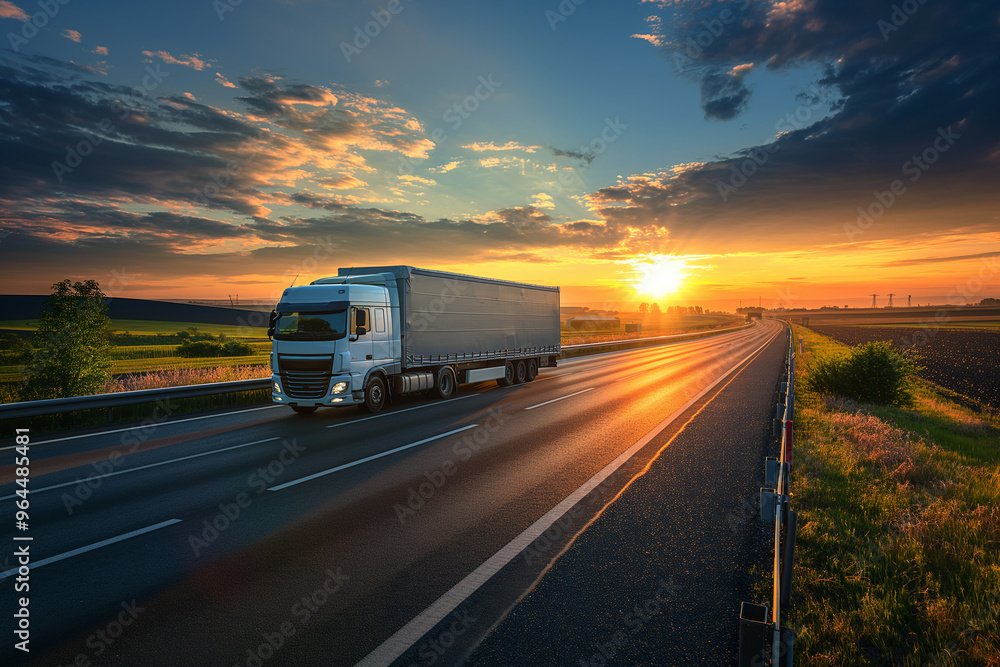 Truck driving on the asphalt road at sunset,Truck driving on the asphalt road in rural landscape at sunset with dark clouds,generative ai Truck driving on the asphalt road at sunset,Truck driving on the asphalt road in rural landscape at sunset with dark clouds,generative ai