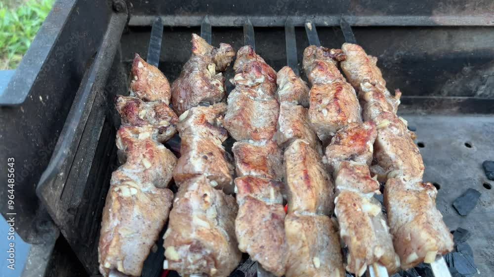 Shish kebab during grilling on skewers on charcoal grill outdoors Shish kebab during grilling on skewers on charcoal grill outdoors