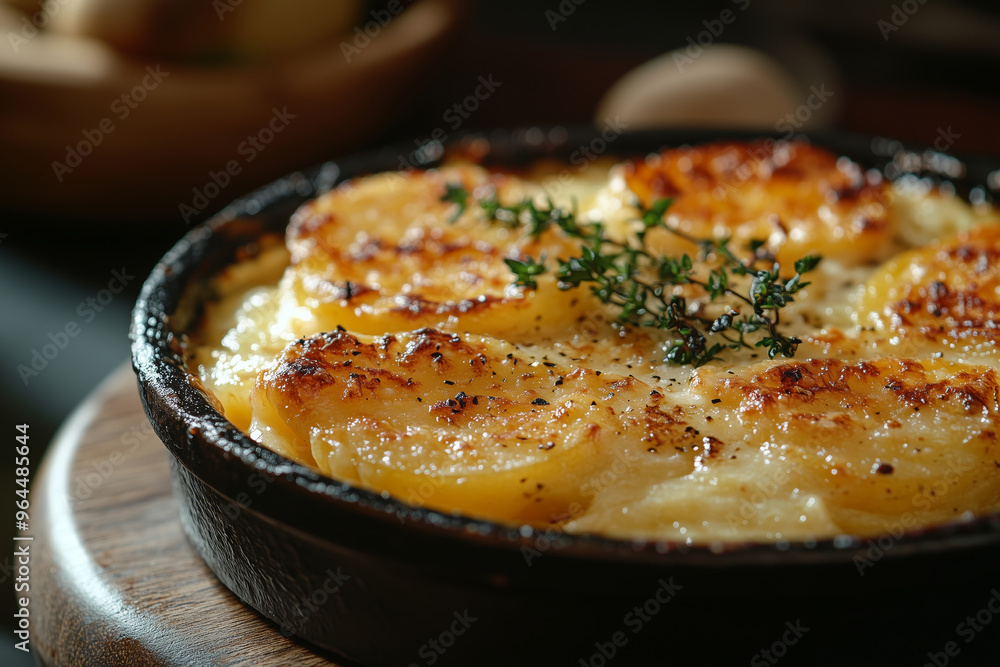 Deliciously baked potato gratin dauphinois served hot, showcasing layers of creamy potatoes and a golden crust, perfect for a cozy dinner Deliciously baked potato gratin dauphinois served hot, showcasing layers of creamy potatoes and a golden crust, perfect for a cozy dinner