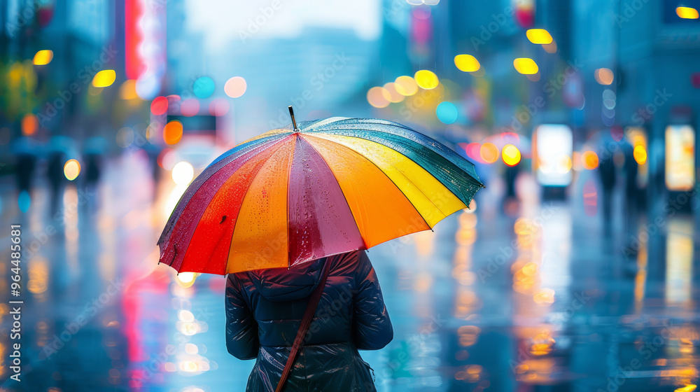 Person holding colorful umbrella in rain with blurred cityscape background Person holding colorful umbrella in rain with blurred cityscape background