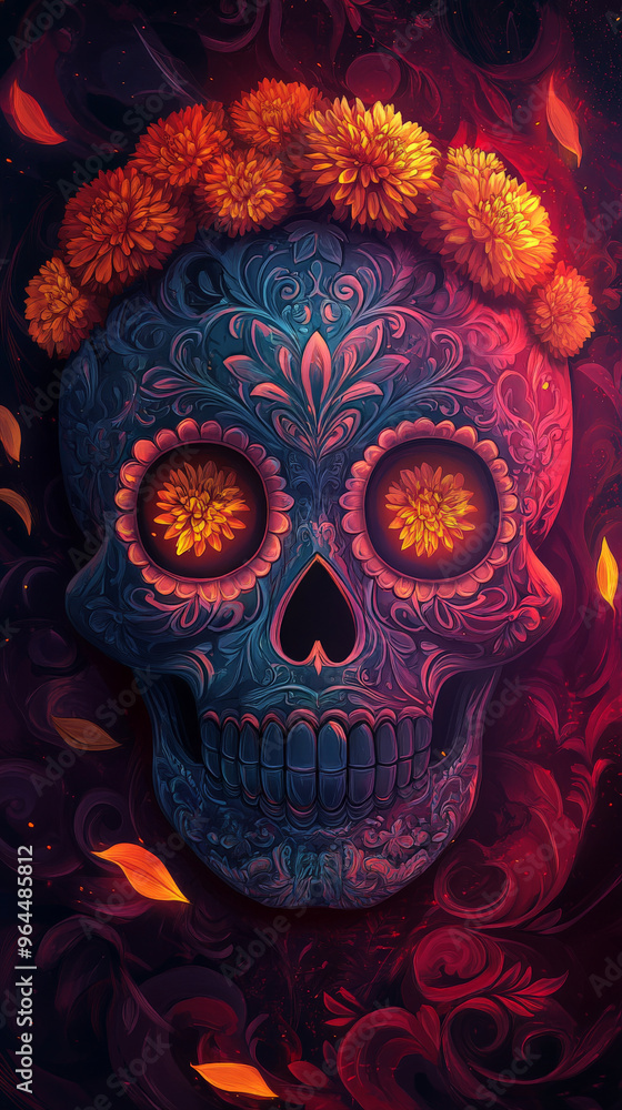 Floral Adorned Sugar Skull with Carvings and Marigold Petals - Floral Shadows Days Of The Dead - Vibrant and Symbolic Illustrations
Floral Adorned Sugar Skull with Carvings and Marigold Petals - Floral Shadows Days Of The Dead - Vibrant and Symbolic Illustrations