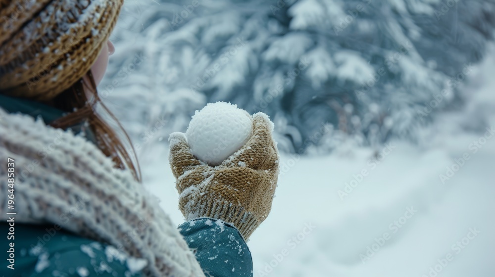 Woman holding snowball snowy trees background. Woman holding snowball snowy trees background.