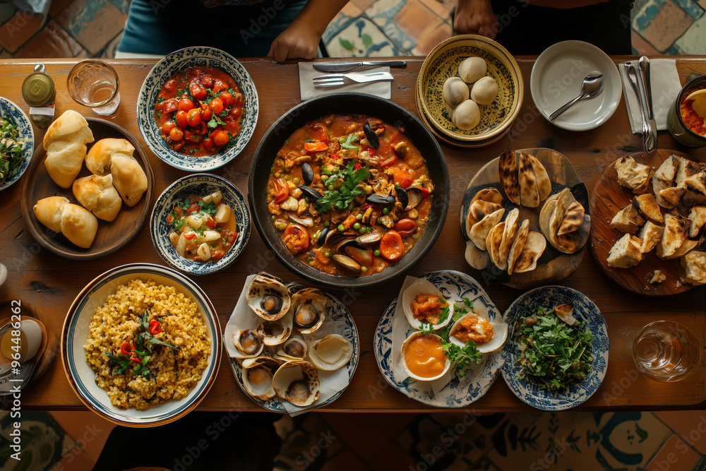 Experience a traditional Spanish feast with friends, featuring a vibrant array of dishes and fresh ingredients in a charming setting Experience a traditional Spanish feast with friends, featuring a vibrant array of dishes and fresh ingredients in a charming setting